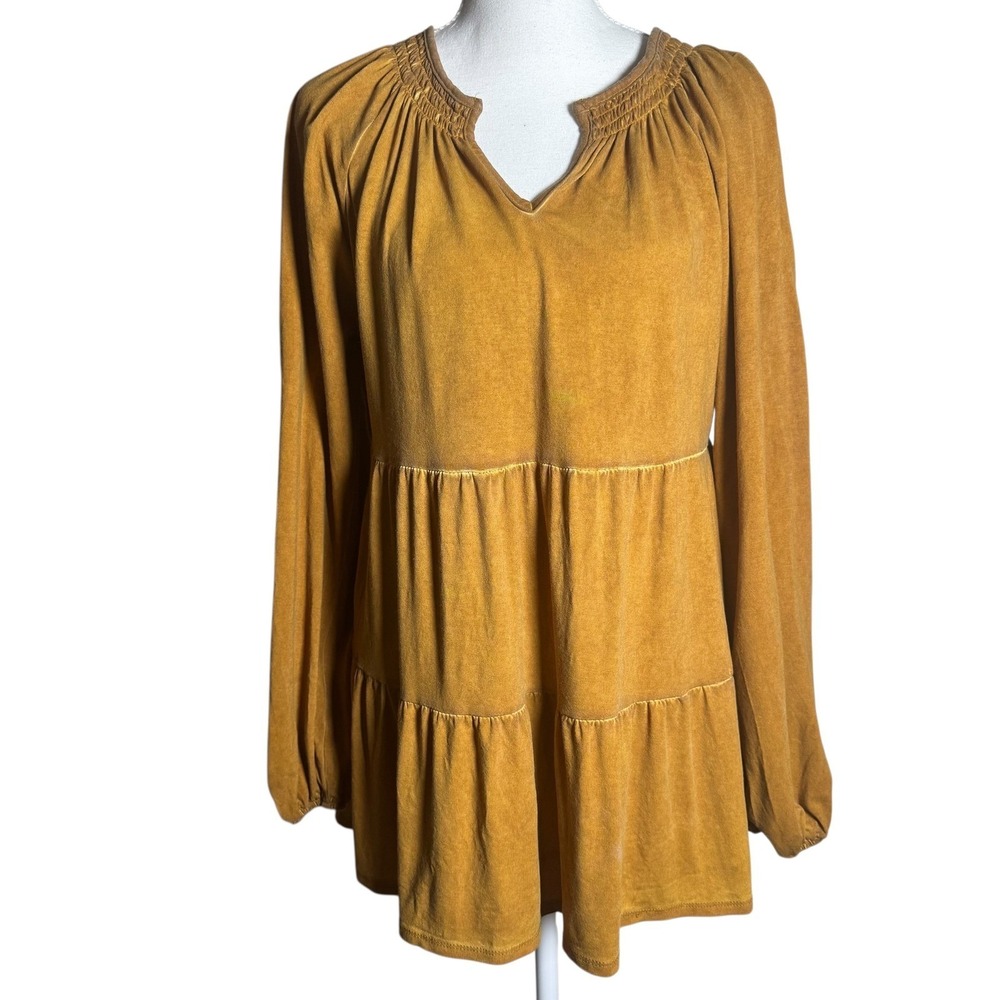 Wonderly Boho Mustard Yellow Women Tunic Top Size Small Tiered Long Sleeve Smock